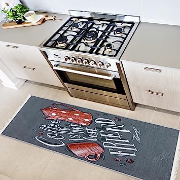 Machine Washable Wrinkle Free Coffee Cup Design Cotton 2 x 5 Kitchen Runner Rug (20" x 59", Beige)