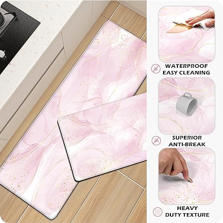 Sets 2 Gold Marble Abstract Cushioned Anti-Fatigue Non-Slip Memory Foam Comfort Standing Mat, 17.3''x 28''+17.3'' x 47''
