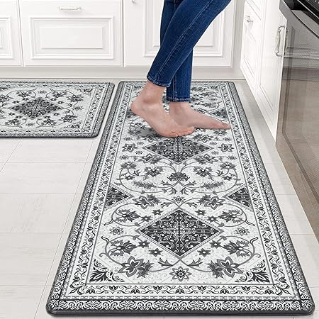 Cushioned Anti-Fatigue Memory Foam Non Skid Waterproof, Blue Retro Floor Comfort Mat, 18'' x 48'' + 18'' x 30''