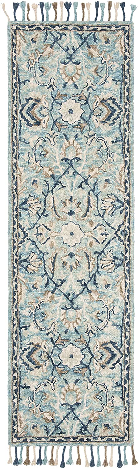 Blossom Collection Handmade Tassel Premium Wool Accent Rug Blue / Ivory