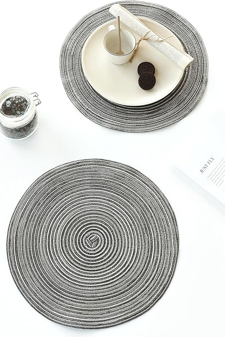 15 Inch Round Braided Placemats Set of 4, Washable Heat Resistant Cotton Polyester Circle Place Mats for Kitchen Dining Table - Canvas Beige