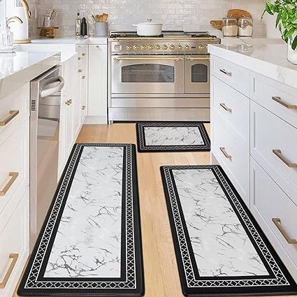 Anti-Fatigue Black and White Modern Non Slip Washable, Cushioned Kitchen Mats, 18 x 30 Inch