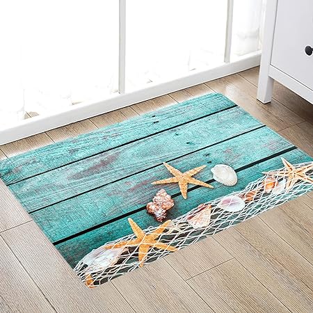 Sponge Foam Absorbent Soft for Bathroom and Kitchen Flannel Mat (30X17 inches), Non Slip Bright 3D Print for Bedside and Living Room(Starfish on Blue Wooden Board)