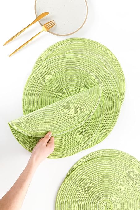 15 Inch Round Braided Placemats Set of 4, Washable Heat Resistant Cotton Polyester Circle Place Mats for Kitchen Dining Table - Canvas Beige