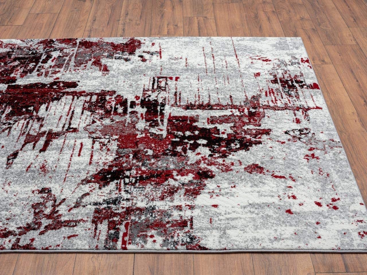 Modern Abstract Grey Ivory Red Soft Area Rug