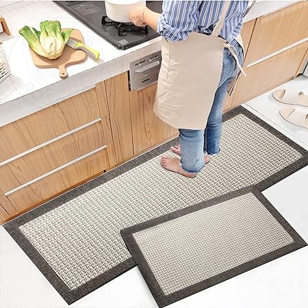 Set of 2 Twill Non Skid Washable Farmhouse Kitchen Floor Mats, 20"x32 + 20"x48