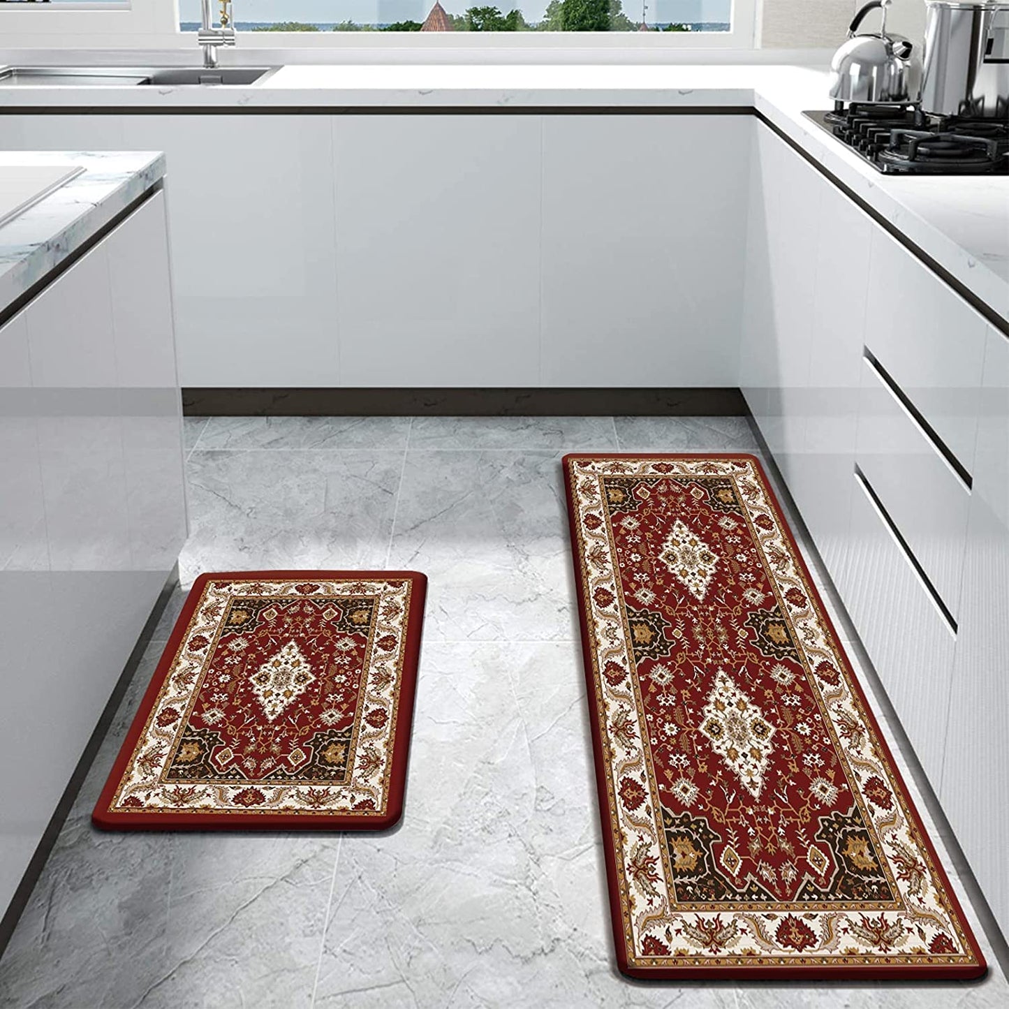Green Eucalyptus Anti Fatigue Set of 2 Waterproof Kitchen Rugs 17"x47"+17"x28"