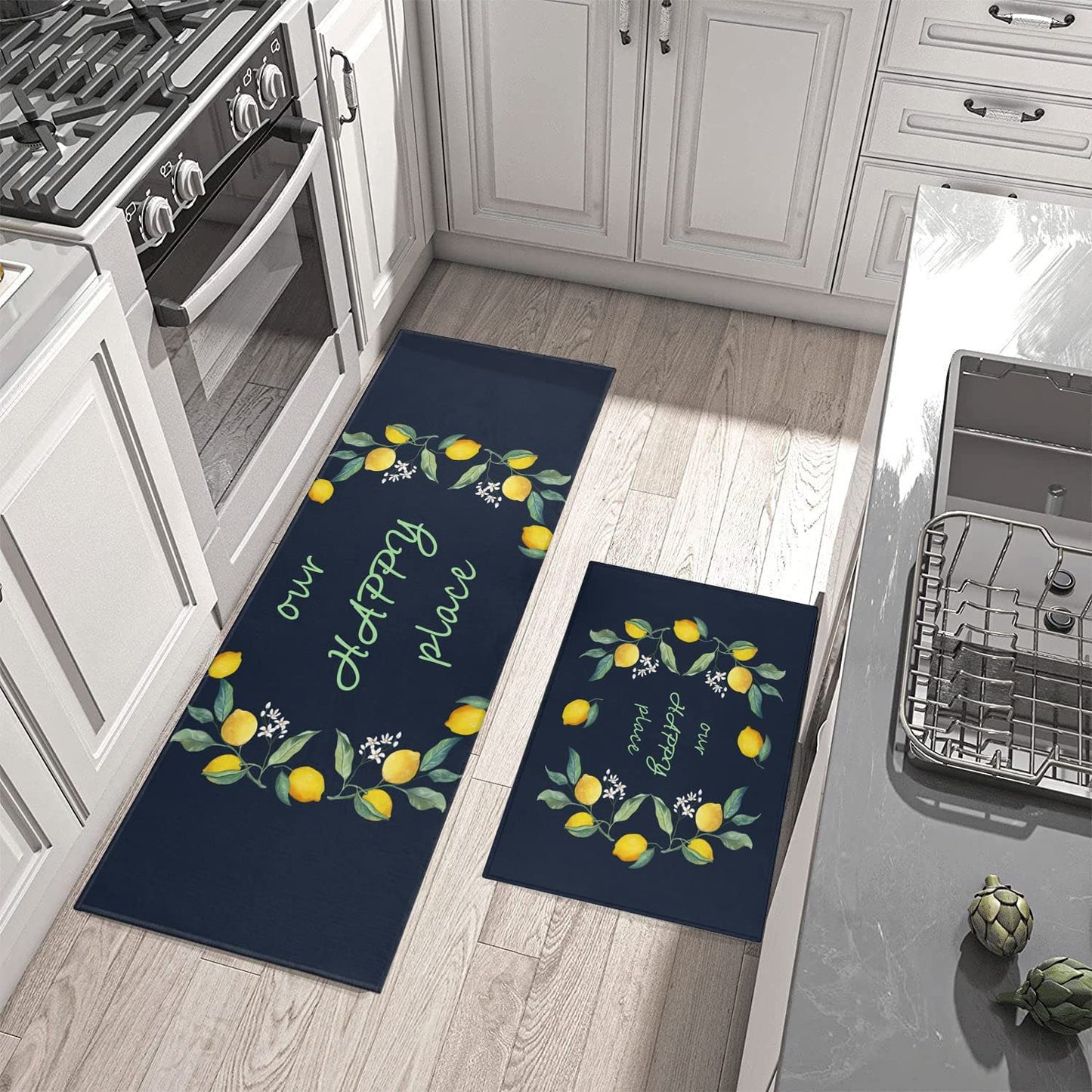 Vintage Mushroom Set of 2, Non Skid Washable Kitchen Mat - (17"x48"+17"x30")