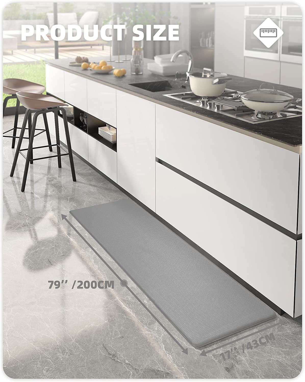 Cushioned Anti Fatigue, Non Slip Padded, 17"x79" Long Foam, Waterproof Stain Resistant, Kitchen Runner Rug