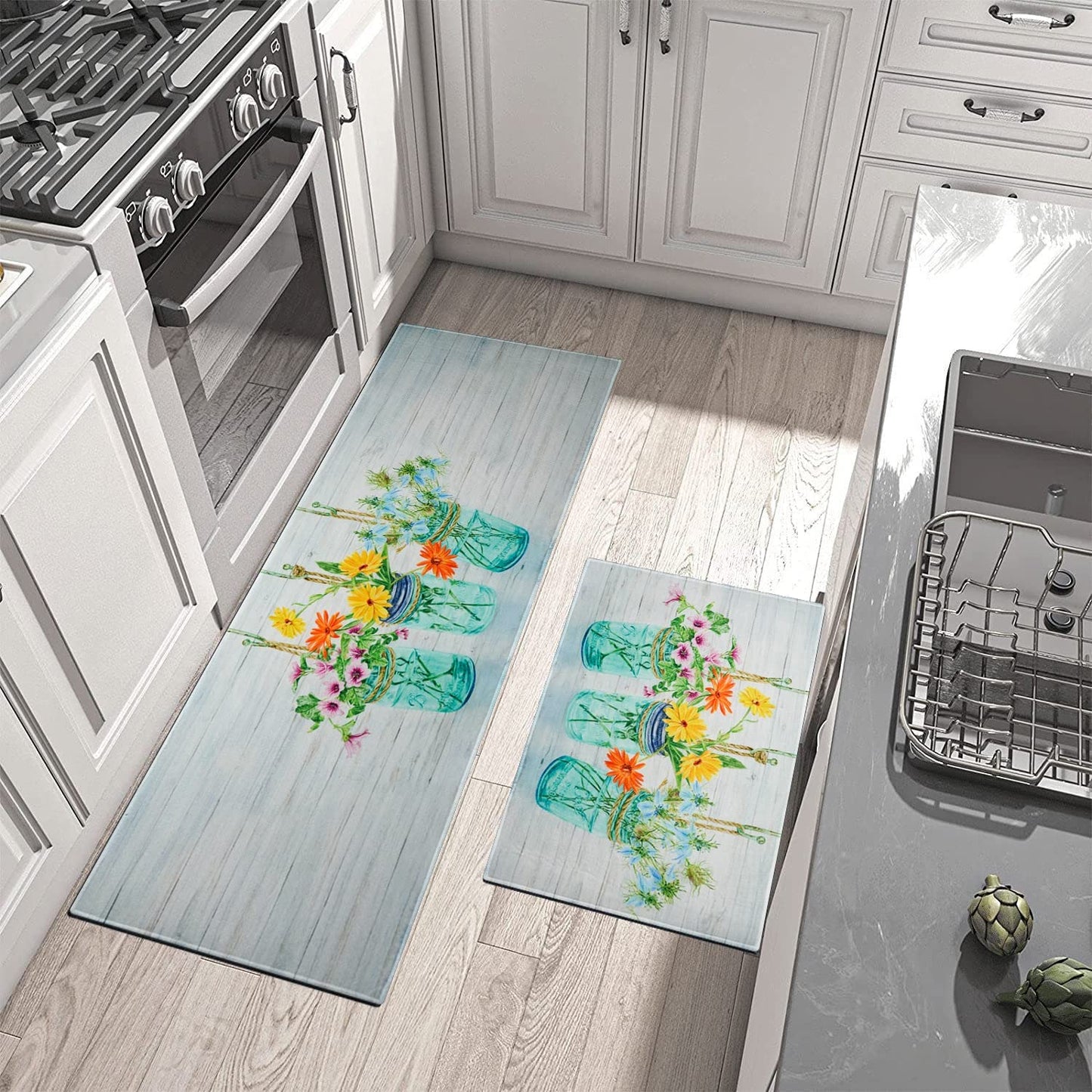 Vintage Mushroom Set of 2, Non Skid Washable Kitchen Mat - (17"x48"+17"x30")