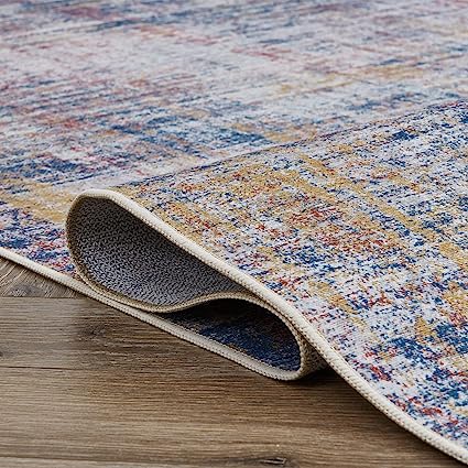 Entryway Abstract Distressed Green Multi Contemporary Carpet Print Chenille Thin Rug