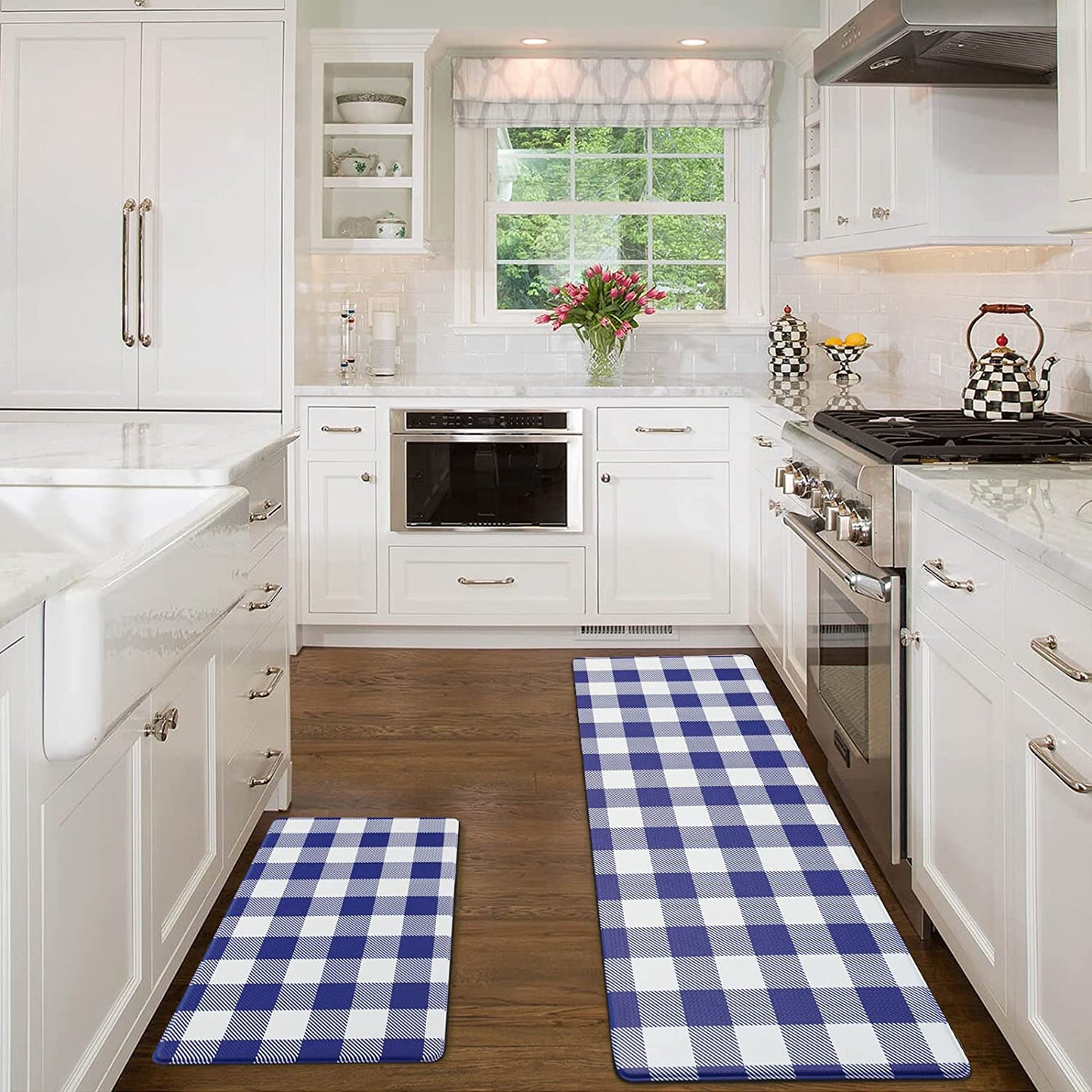 2 PCS Anti Fatigue Non Skid Waterproof Cushioned Black and White Kitchen Rugs