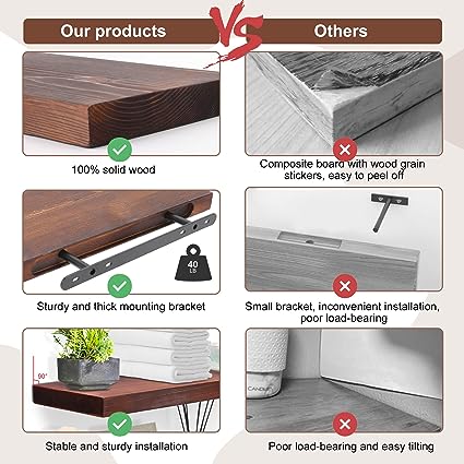 16" Natural Wood Floating Shelves, Brown, Set of 2.
