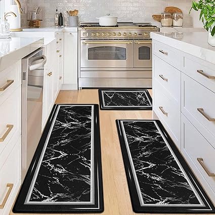 Anti-Fatigue Black and White Modern Non Slip Washable, Cushioned Kitchen Mats, 18 x 30 Inch