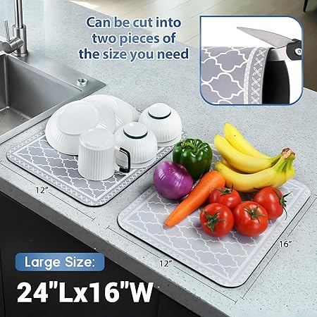 Absorbent Waterproof 24"x16" Large Dish Drying Mat for Kitchen Counter Cabinets