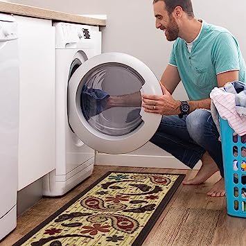 Machine Washable Wrinkle Free Coffee Cup Design Cotton 2 x 5 Kitchen Runner Rug (20" x 59", Beige)