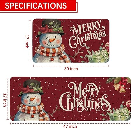 et of 2, Anti Fatigue Waterproof Stain Resistant Snowman Winter Decorative Non Slip Cushioned Floor Mat - 17x29 and 17x47 Inch