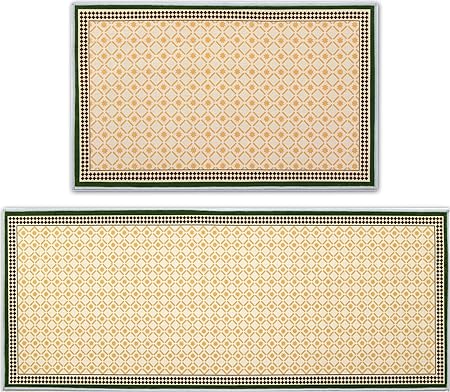 2 PCS Vintage Water Absorb Microfiber Non Skid Washable Farmhouse Kitchen Mats and Rug Set - 17"x29.5"+17"x47", Beige&Black