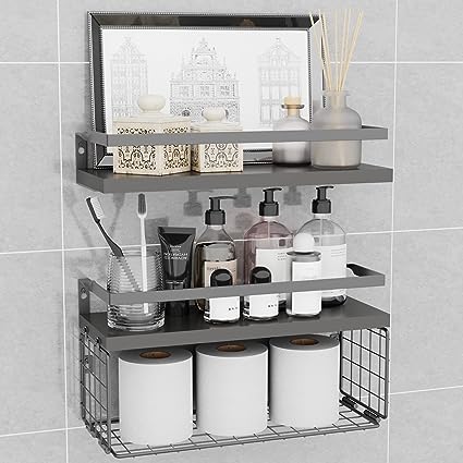 Home Decor Floating Shelves with Towel Bar/Hooks, (Gold-White)