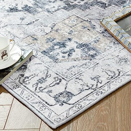 Indoor Floor Print Distressed Carpet Gray Multi Thin Area Rug