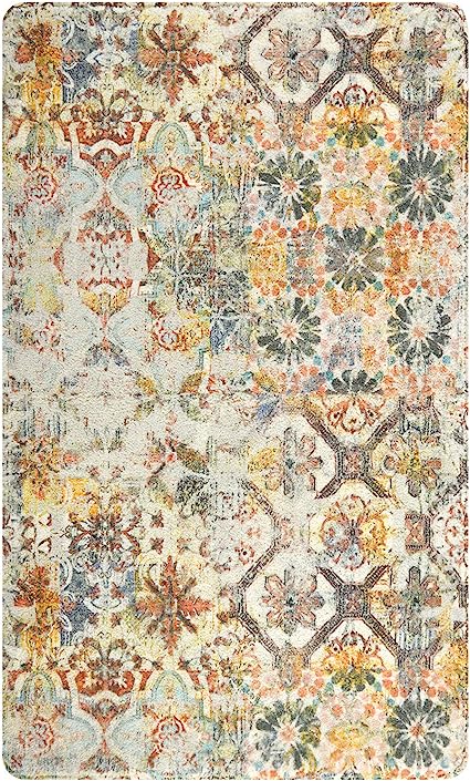Floral Medallion Collection Round Non-Slip Distressed Vintage Accent Throw Area Rug