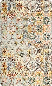 Floral Medallion Collection Round Non-Slip Distressed Vintage Area Rug