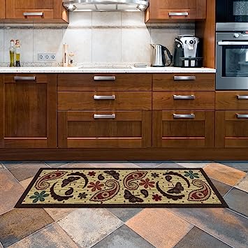 Machine Washable Wrinkle Free Coffee Cup Design Cotton 2 x 5 Kitchen Runner Rug (20" x 59", Beige)