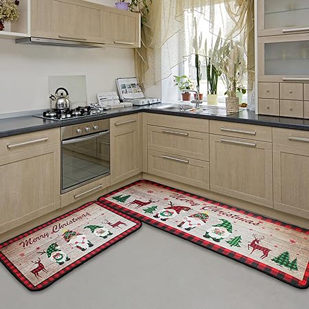 2 PCS Winter Low-Profile Christmas Kitchen Rugs and Mats - Approximately16x24 and 16x43Inch