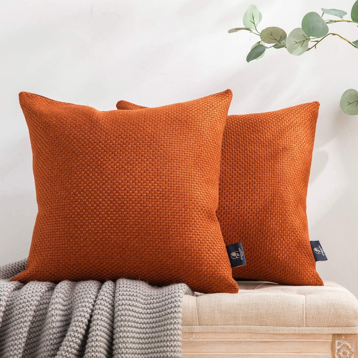 Set of 2 Classic Woven Textured Thick Solid Color Checker Plaid Square Throw Pillow Covers Cushion Cover Pillowcase for Couch Bed and Chair, Brown