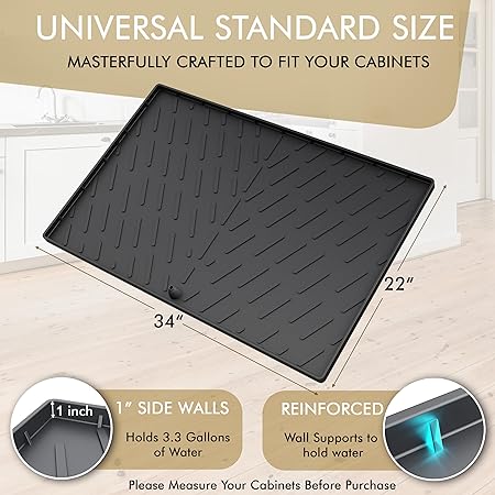 Waterproof Designed in USA - Under Sink Mat for Bottom of Kitchen Sink Cabinets (Black) - 100% BPA Free, 34" x 22" x 1"