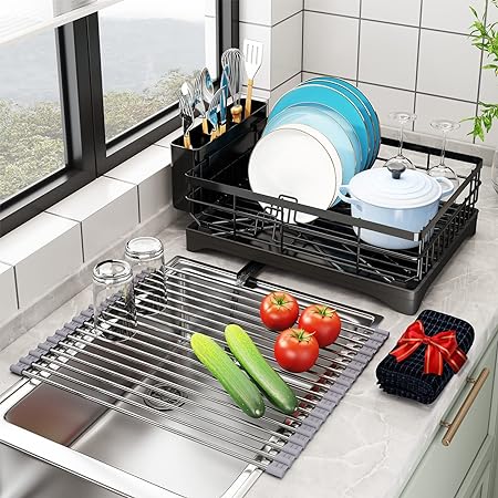Compact Dish Rack for Kitchen Counter with Silicone Dish Drying Mat, Stainless Steel Dish Drainer for Kitchen Sink, Space Saving Plate Rack Cutlery Holder, Black