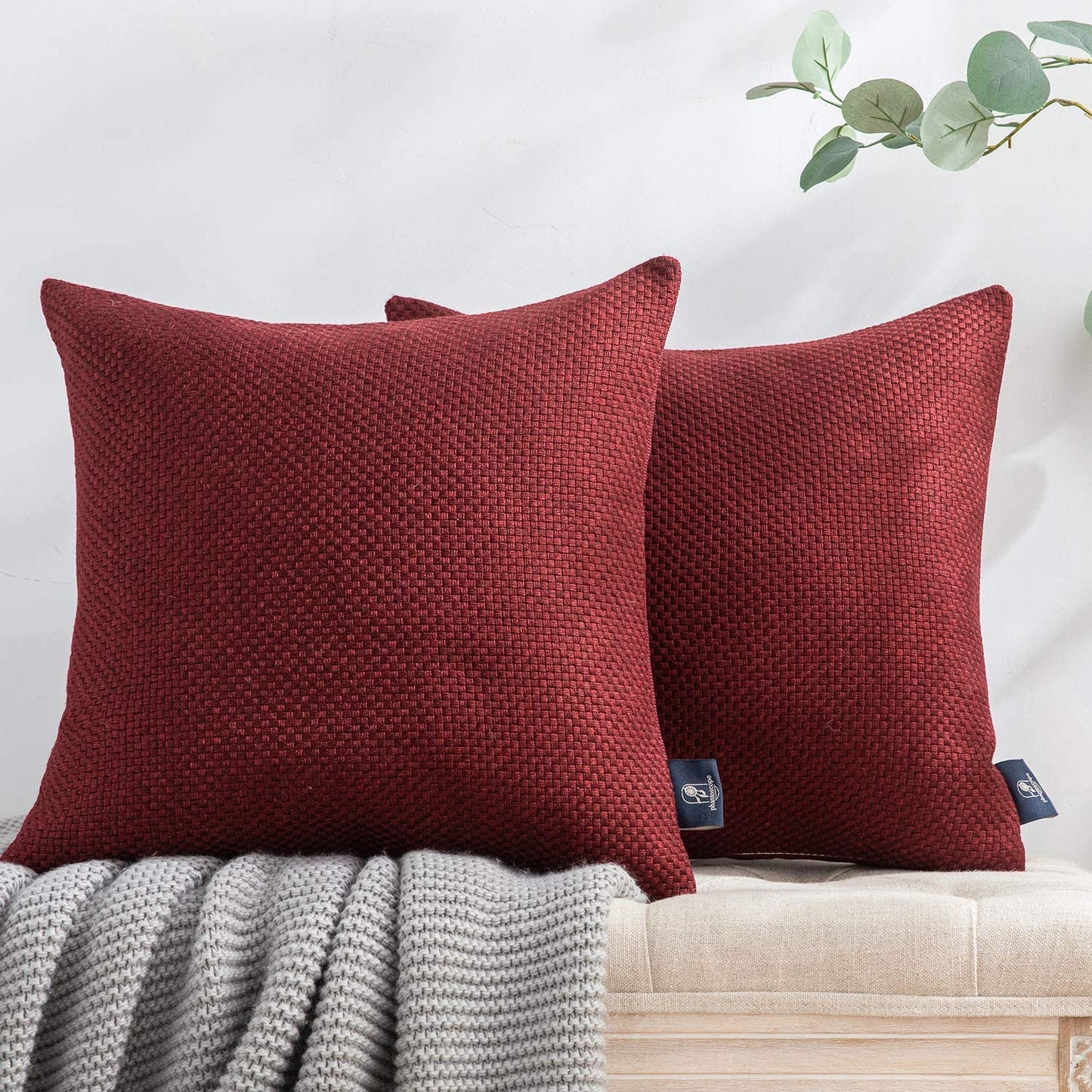 Set of 2 Classic Woven Textured Thick Solid Color Checker Plaid Square Throw Pillow Covers Cushion Cover Pillowcase for Couch Bed and Chair, Brown