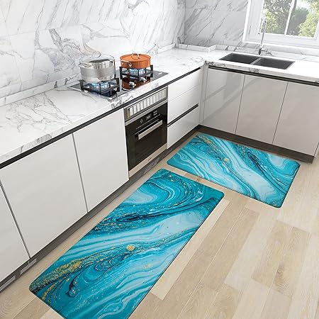 Sets 2 Gold Marble Abstract Cushioned Anti-Fatigue Non-Slip Memory Foam Comfort Standing Mat, 17.3''x 28''+17.3'' x 47''