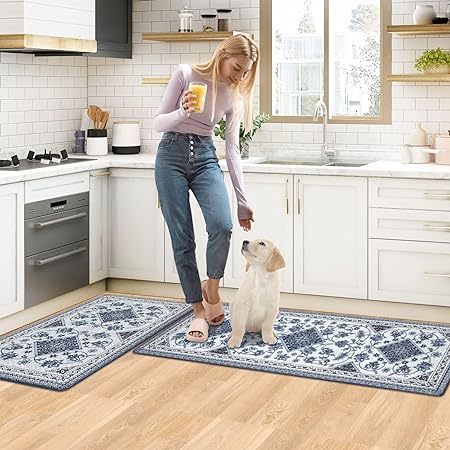 Cushioned Anti-Fatigue Memory Foam Non Skid Waterproof, Blue Retro Floor Comfort Mat, 18'' x 48'' + 18'' x 30''