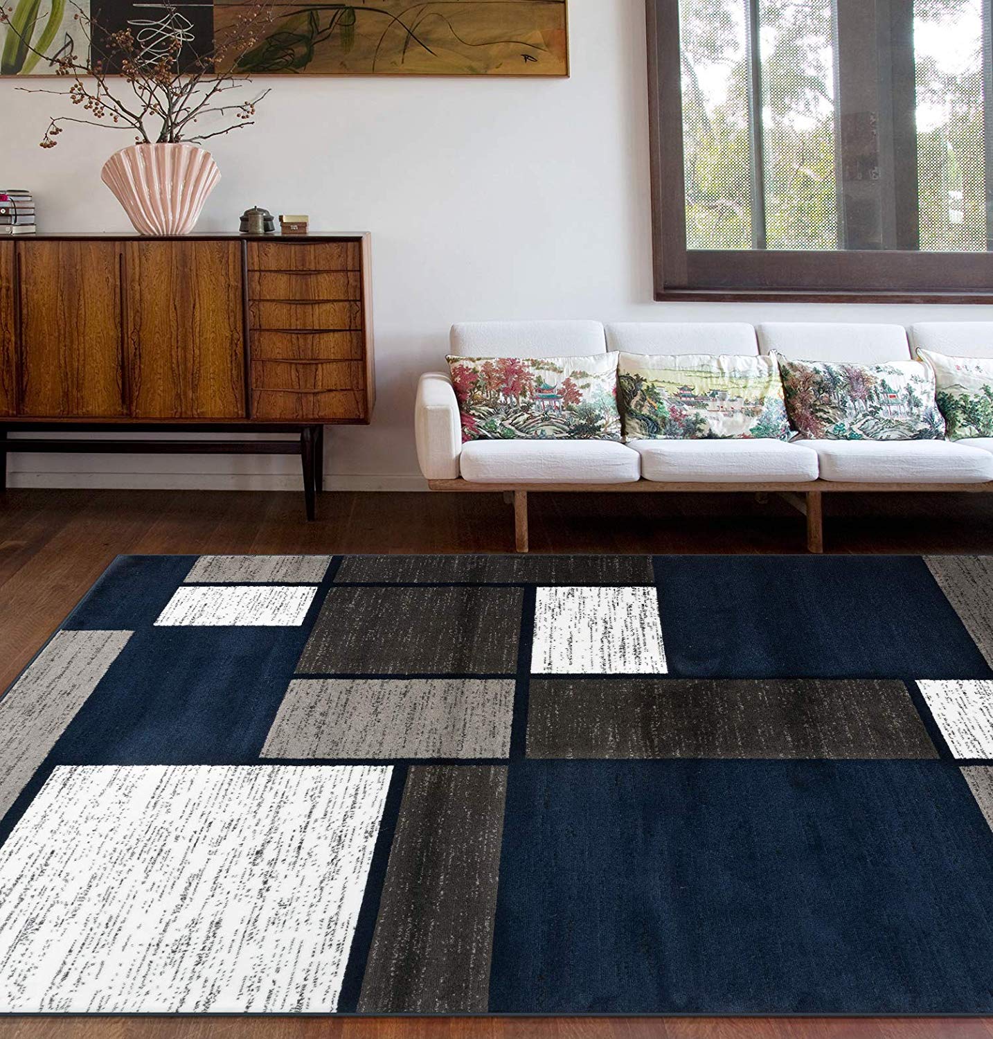 Box Pattern Navy Grey White Soft Area Rug