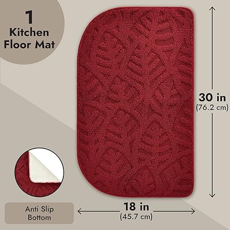 Creek Slip- Half Round Red Kitchen Rug with Rubber Backing, Machine Washable, (18x30 Inches)