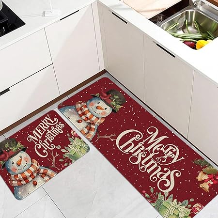 et of 2, Anti Fatigue Waterproof Stain Resistant Snowman Winter Decorative Non Slip Cushioned Floor Mat - 17x29 and 17x47 Inch