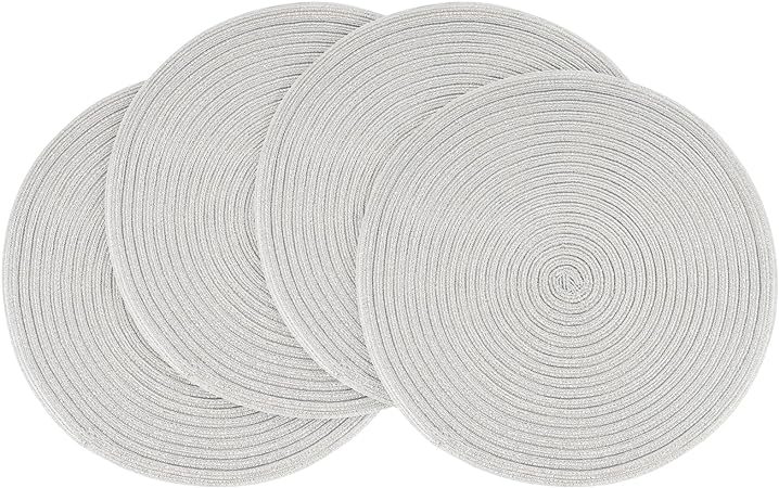 15 Inch Round Braided Placemats Set of 4, Washable Heat Resistant Cotton Polyester Circle Place Mats for Kitchen Dining Table - Canvas Beige
