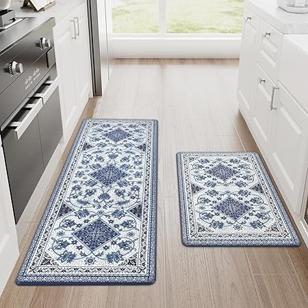 Cushioned Anti-Fatigue Memory Foam Non Skid Waterproof, Blue Retro Floor Comfort Mat, 18'' x 48'' + 18'' x 30''