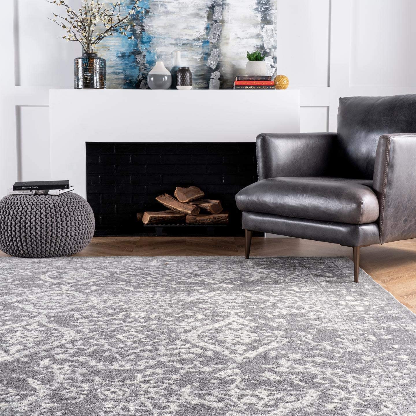 Faded Vintage Floral Damask Distressed Silver Soft Area Rug