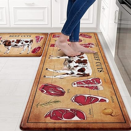 Farmhouse Kitchen Mat 2 PCS, 18'' x 48'' + 18'' x 30'', Beef Cuts