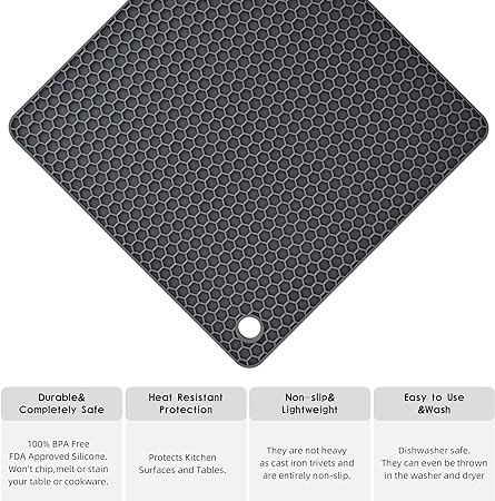 Silicone Trivets for Hot Dishes, Multi Purpose Heat Resistant Mats Set of 6 Black