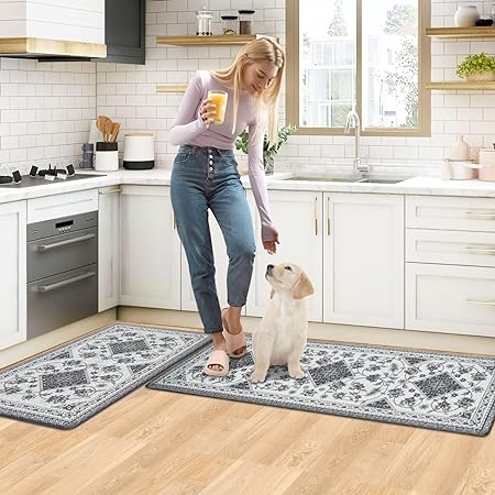 Cushioned Anti-Fatigue Memory Foam Non Skid Waterproof, Blue Retro Floor Comfort Mat, 18'' x 48'' + 18'' x 30''
