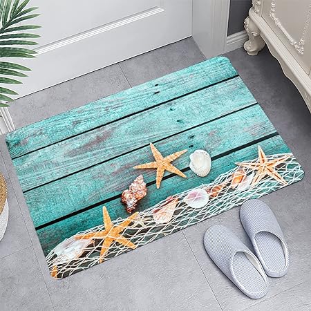 Sponge Foam Absorbent Soft for Bathroom and Kitchen Flannel Mat (30X17 inches), Non Slip Bright 3D Print for Bedside and Living Room(Starfish on Blue Wooden Board)