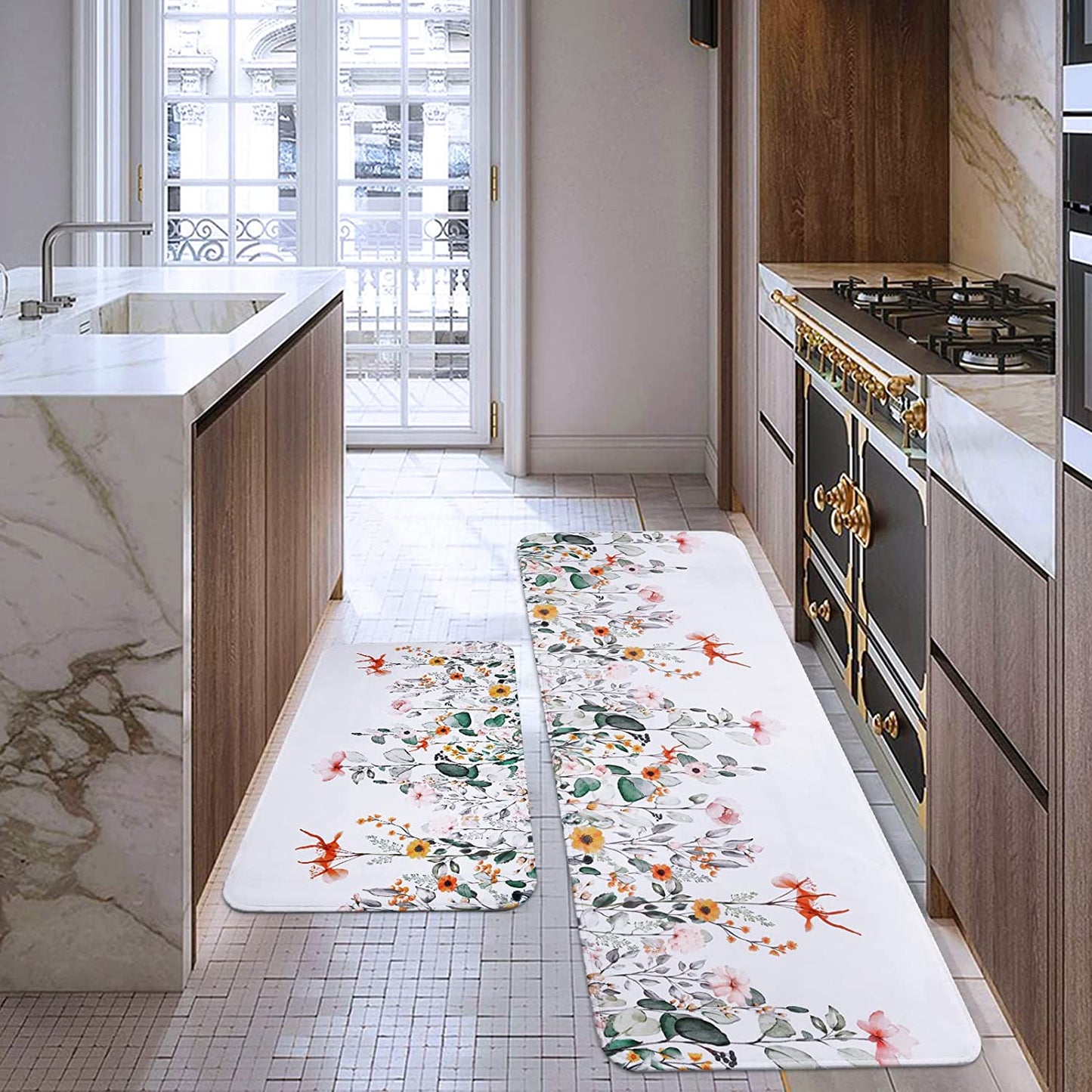 2 PCS Cushioned Floral, Flowers Anti Fatigue Kitchen Rugs - 18'' x 48'' + 18'' x 30''