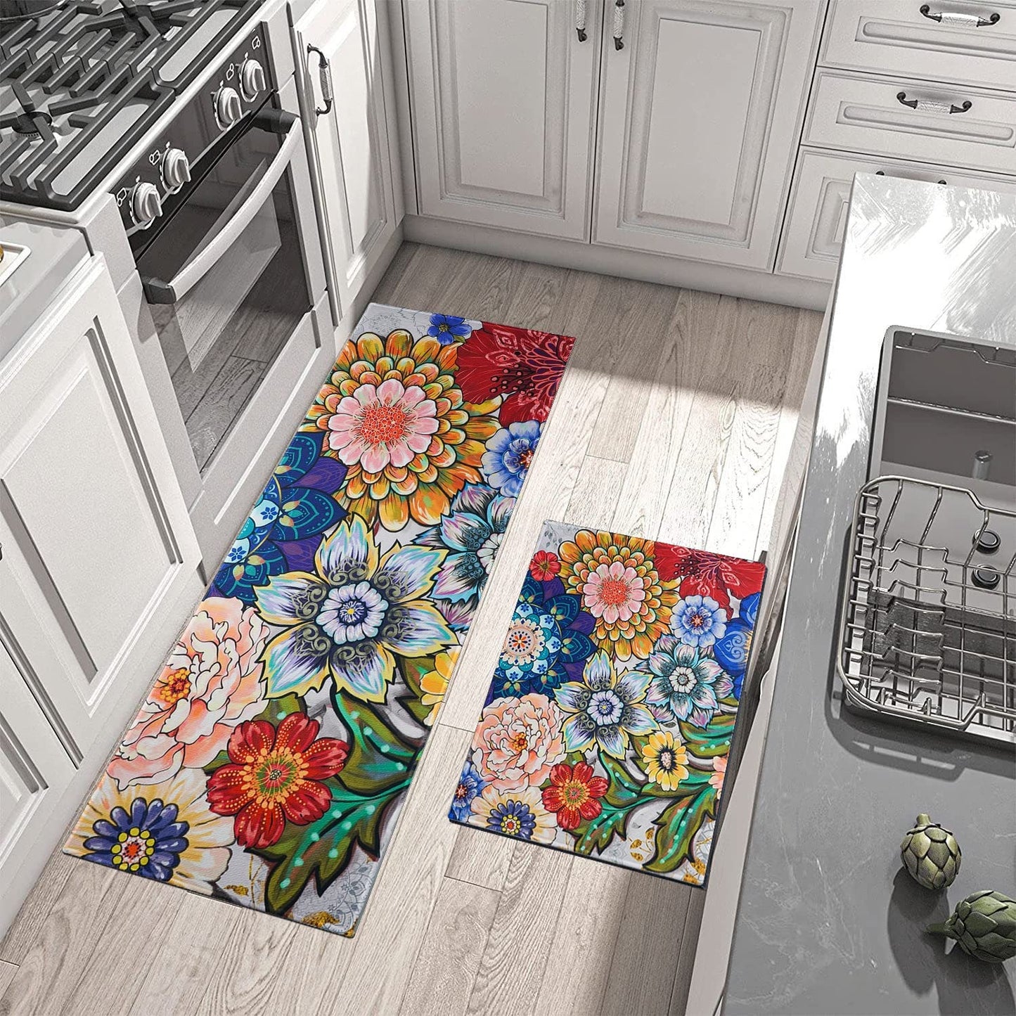 Vintage Mushroom Set of 2, Non Skid Washable Kitchen Mat - (17"x48"+17"x30")