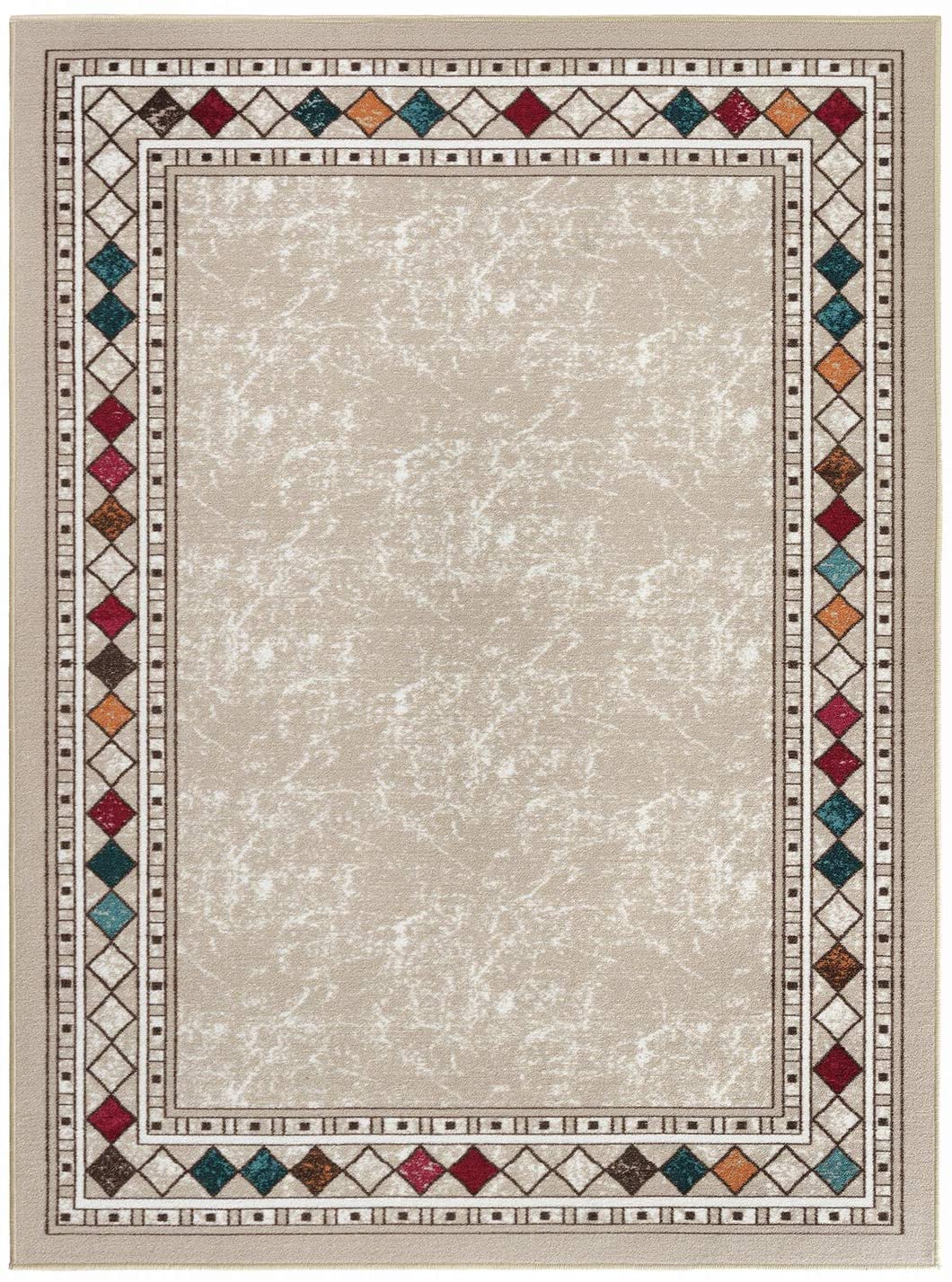 Bordered Non-Skid Low Profile Pile Rubber Backing Kitchen Area Rugs Beige