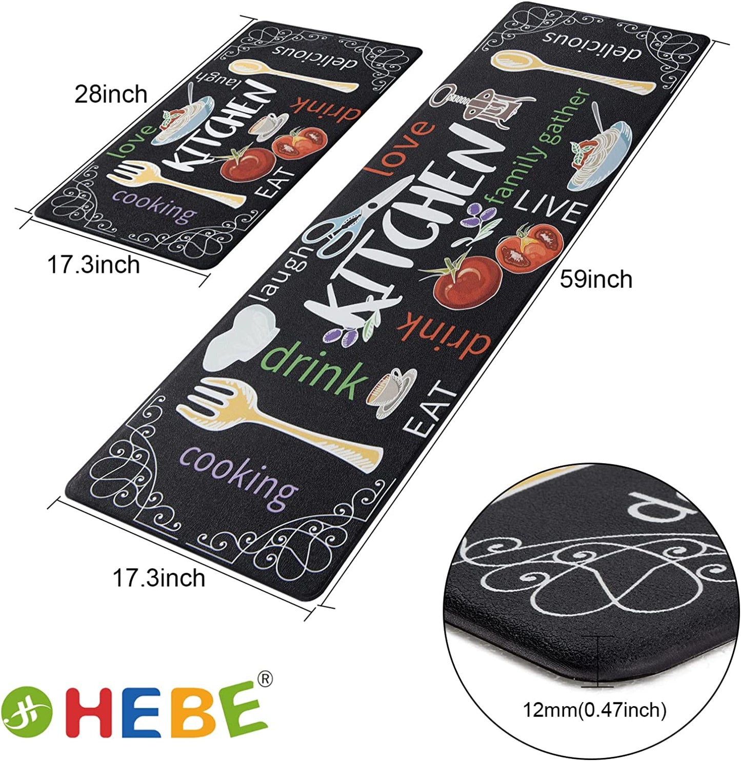 Anti Fatigue Kitchen Rug Sets 2 Piece Waterproof Non Slip Kitchen Floor Mats-17"x48"+17"x28"