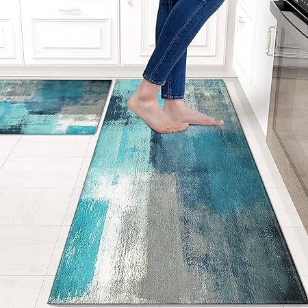 Sets of 2,Abstract Waterproof Art Kitchen Decoration Non-Slip Absorbent Mats, 17x30+17x48inch