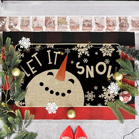 Snow Snowman Christmas Decorative Doormat Black, Seasonal Winter Xmas Holiday Low-Profile Floor Mat Switch Mat for Indoor Outdoor 17 x 29 Inch